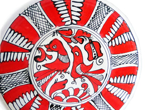 Farfurie Decor cu Motive Traditionale Platou Ceramica de Corund Rosie Pasari Paun 16 cm Romania Targu Secuiesc