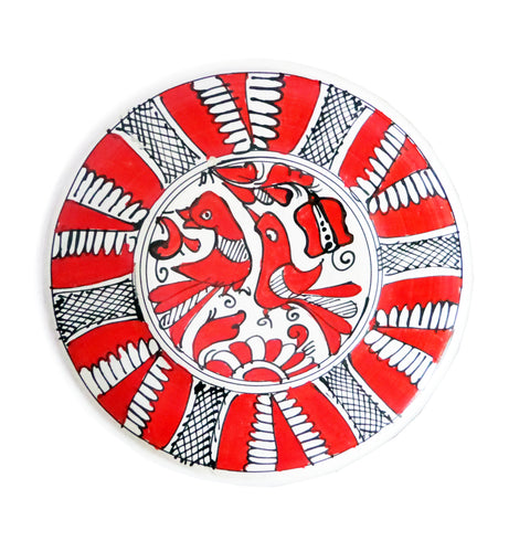 Farfurie Platou Decor cu Motive Traditionale Populare Taranesti Romanesti din Ceramica de Corund Rosie Pasari Paun 16 cm