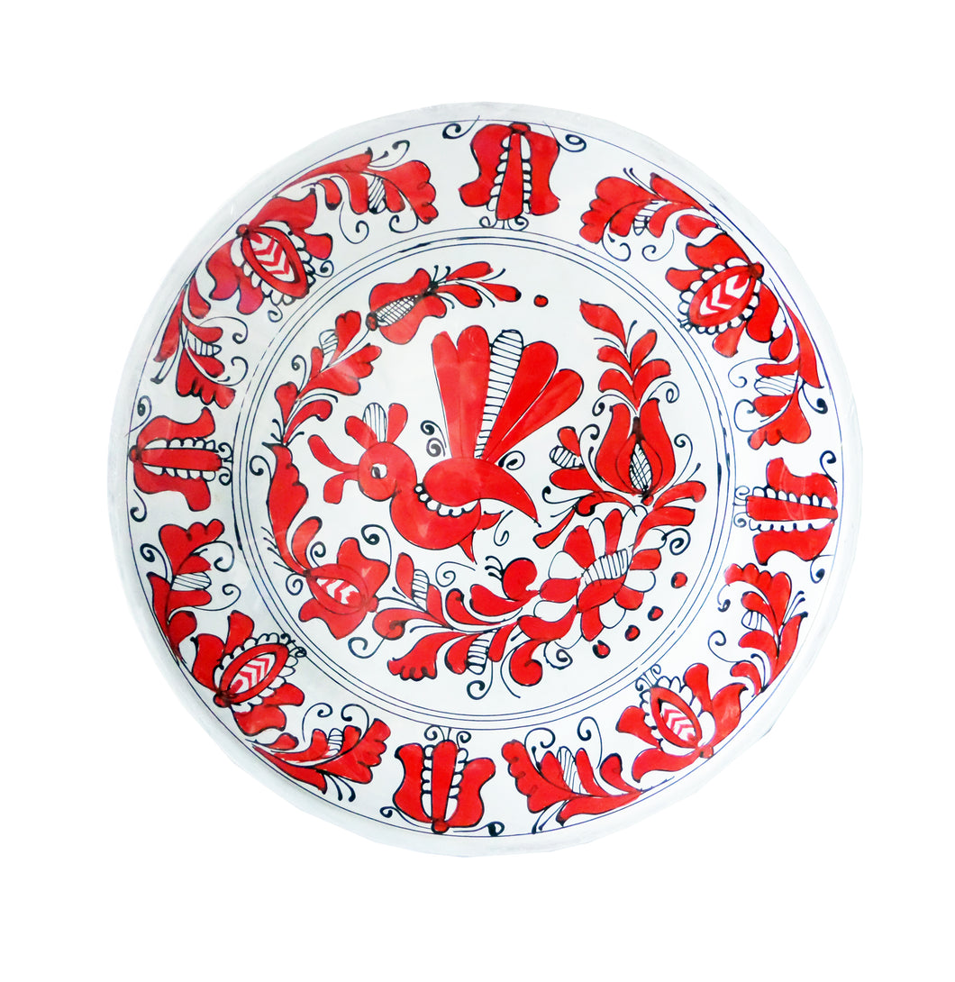 Farfurie Decor cu Motive Traditionale Platou Ceramica de Corund Rosie Pasare pe Flori 30 cm