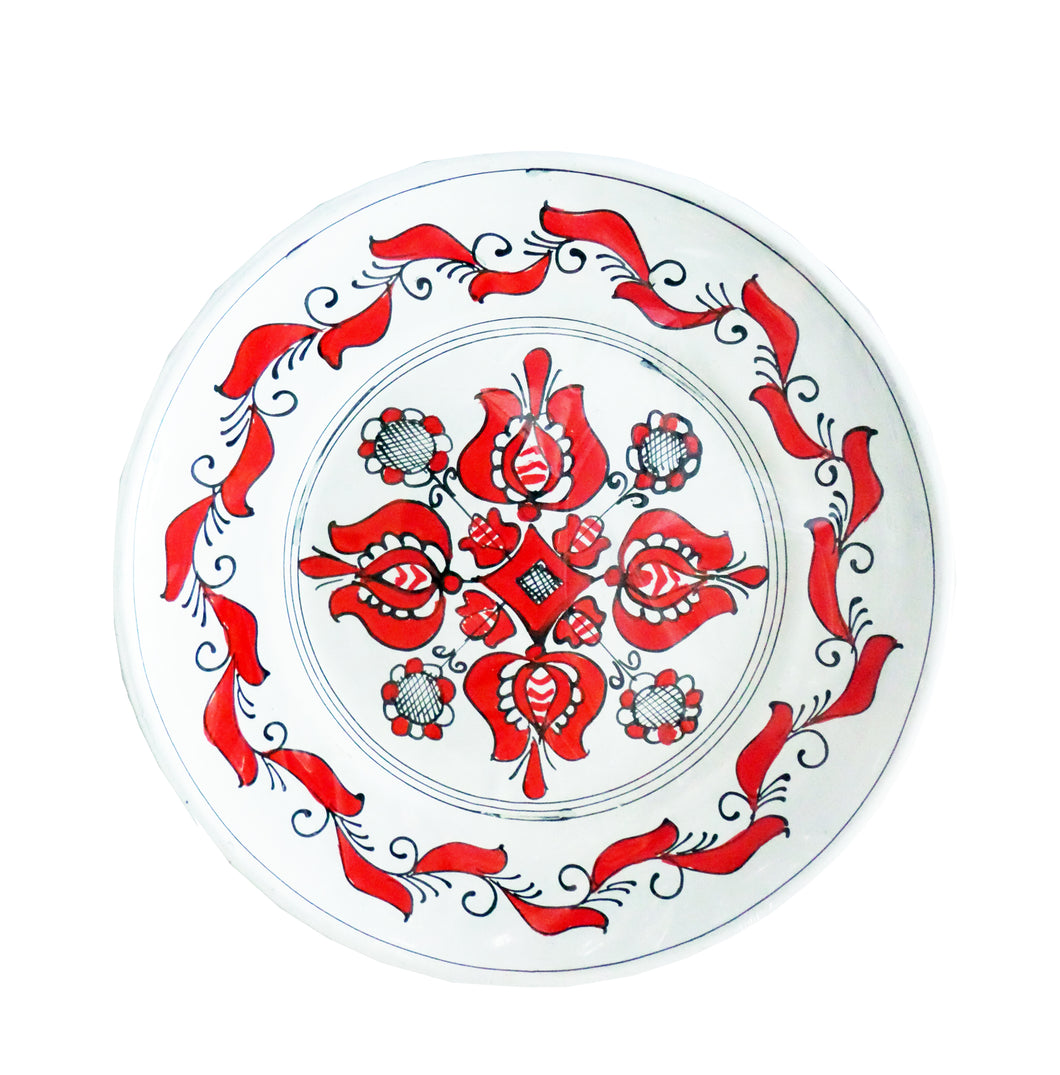Farfurie Decor cu Motive Traditionale Platou Ceramica de Corund Rosie Crini si Musetel 25 cm