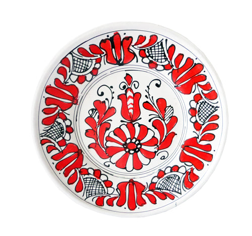 Farfurie Platou Decor cu Motive Traditionale Populare Taranesti Romanesti din Ceramica de Corund Rosie  Crini si Margarete 16 cm targu Secuiesc