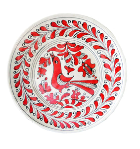 Farfurie Platou Decor cu Motive Traditionale Populare Taranesti Romanesti din Ceramica de Corund Rosie Pasare Cantatoare 25 cm Targu Secuiesc
