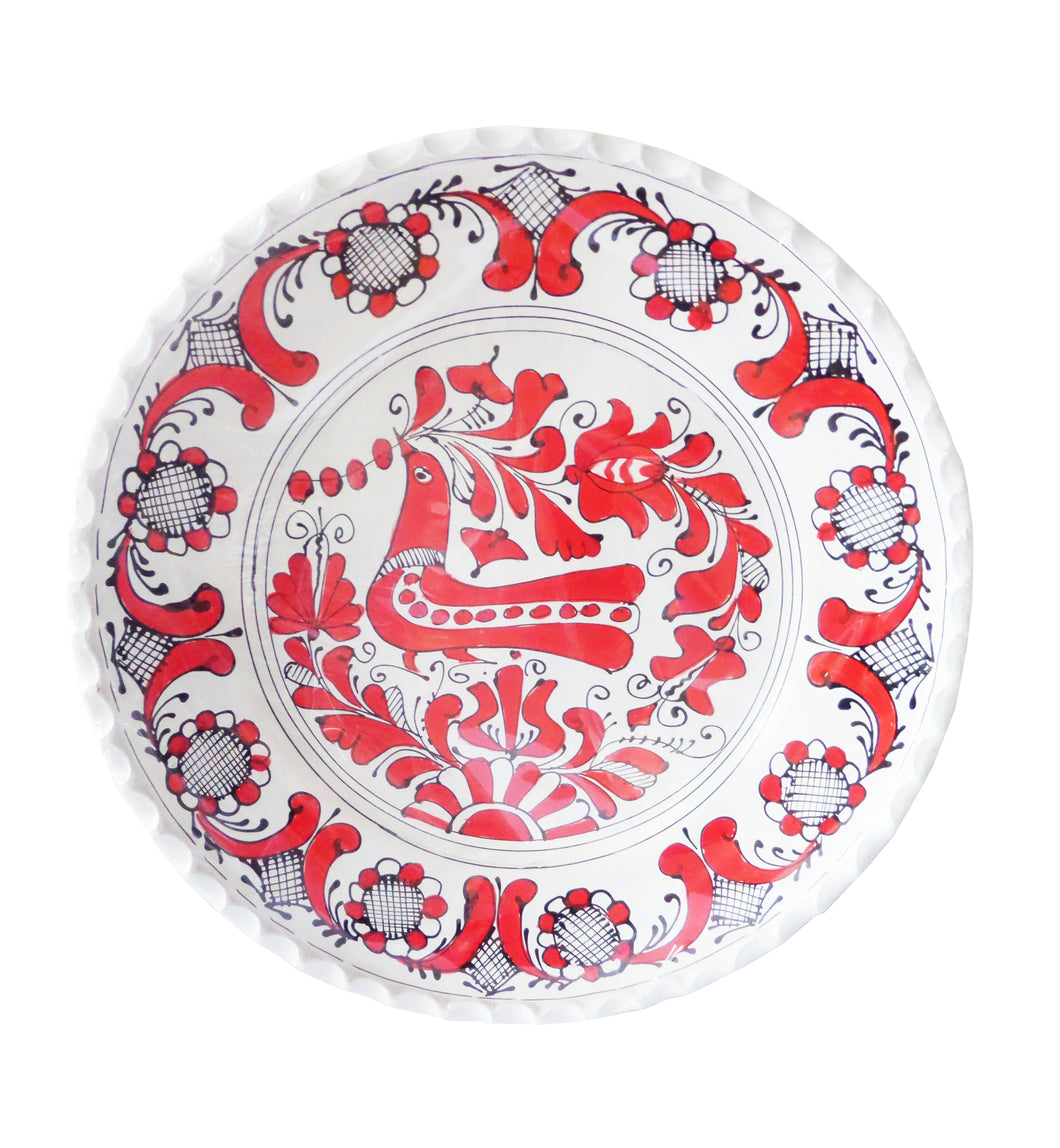 Farfurie Platou Decor cu Motive Traditionale Populare Taranesti Romanesti din Ceramica de Corund Rosie Pasare Ghirlanda 30 cm
