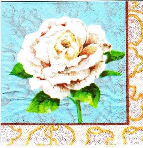 Servetele de Masa cu Flori Pachet 10 Buc Trandafir Alb pe Fond Bleu