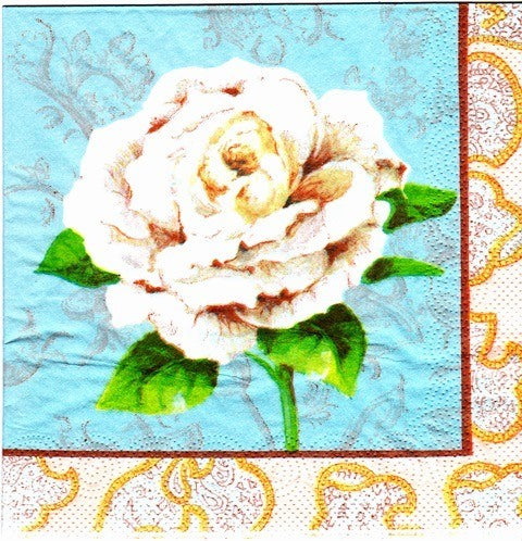 Servetele cu Model Floral de Masa Pachet 10 Buc Trandafir Alb pe Fond Bleu 33x33 cm