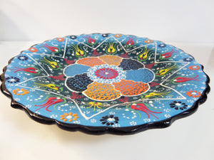 Farfurie Platou cu Model Traditional Turcesc Ceramica Pictat Manual Albastru-Rosu Decorativa 25 cm margien neagra Turcia Turcesti