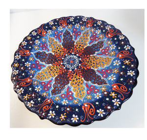 Farfurie Platou cu Model Traditional Turcesc Ceramica Pictat Manual  Albastru-Portocaliu Decorativa 25 cm Turceasca