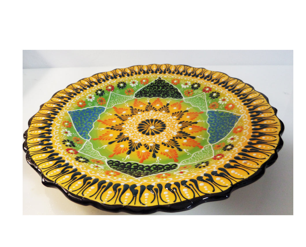 Farfurie Platou cu Model Traditional Turcesc Ceramica Pictat Manual Galben-Verde Decorativa 25 cm