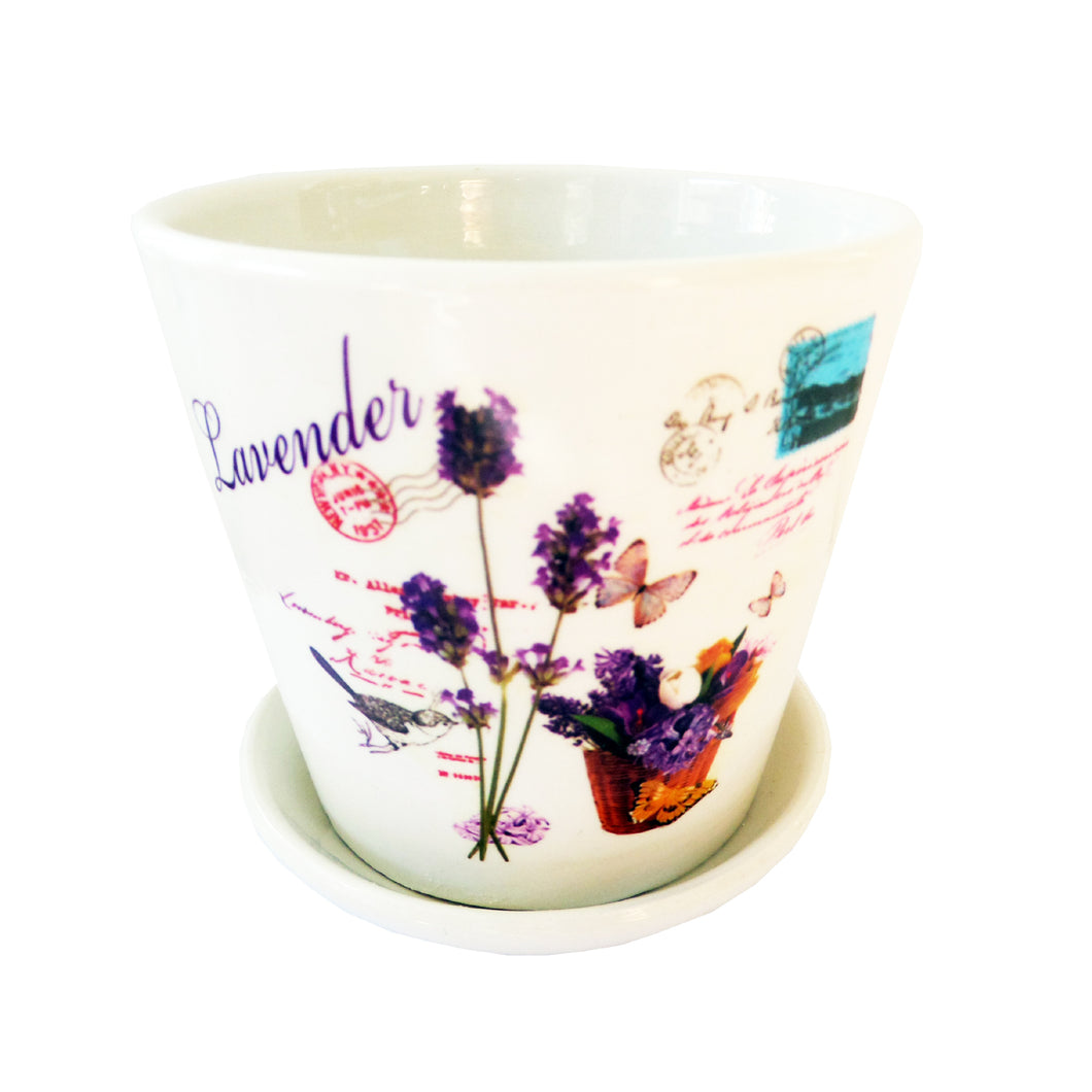 Ghiveci Flori cu Farfurioara Ceramica Lavender Post Card Butterflies 10 cm