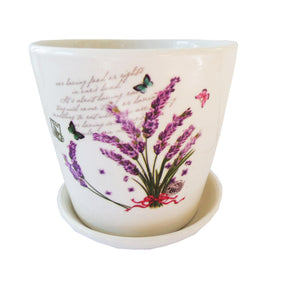 Ghiveci de Flori cu Farfurioara din Ceramica Model Carte Postala cu Fire Lavanda 10.00-9.50 cm Cadou Doamne