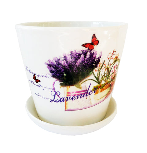 Ghiveci de Flori cu Farfurioara din Ceramica Model Carte Postala cu Flori si Lavanda aprox 10.00-9.50 cm