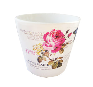 Ghiveci de Flori cu Farfurioara Ceramica Carte Postala cu Trandafir Roz-Fuchsia 8.50 cm Gradin cadou Doamne