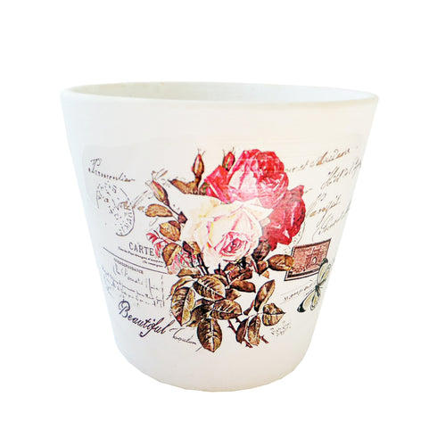 Ghiveci de Flori cu Farfurioara Ceramica Trandafir Galben-Roz pe Carte Postala 8.50 cm