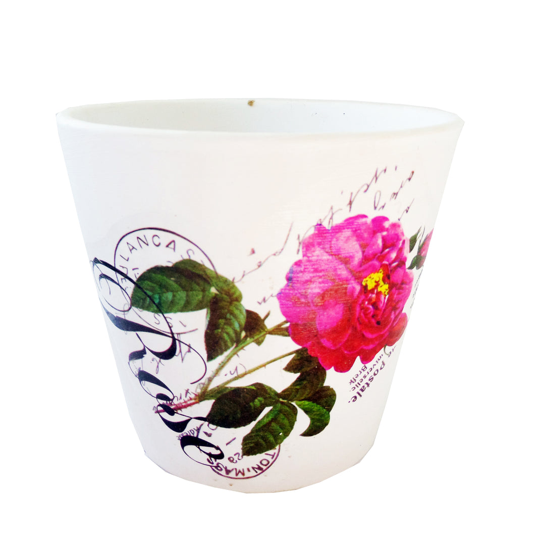 Ghiveci de Flori din Ceramica cu Model Carte Postala cu Trandafir Salbatic Fuchsia 8.50 cm Gradina