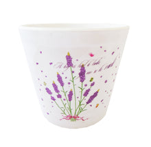 Încărcați imaginea în Galerie, Ghiveci de Flori din Ceramica cu Model Carte Postala cu Fire de Lavanda Mov cu Dedicatie 8.50 cm Lavender