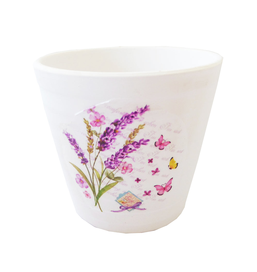 Ghiveci de Flori din Ceramica Model Fluturi si Buchet Lavanda pe Carte Postala 8.50 cm Lavender