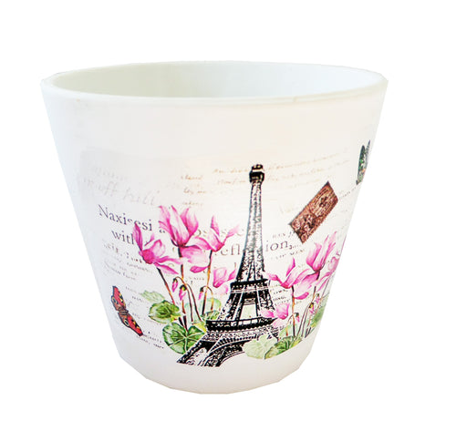 Ghiveci de Flori din Ceramica cu Model Carte Postala cu Turnul Eiffel si Flori Roz 8.50 cm Gradina Cadou Doamne