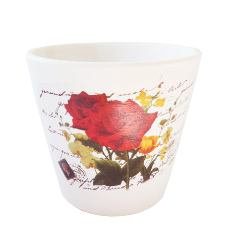 Ghiveci de Flori din Ceramica cu Model Carte Postala cu Trandafiri Visinii-Galbeni 8.50 cm Gradina Cadou Doamne
