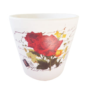 Ghiveci de Flori din Ceramica cu Model Carte Postala cu Trandafiri Visinii-Galbeni 8.50 cm Cadou Femei Doamne Gradina
