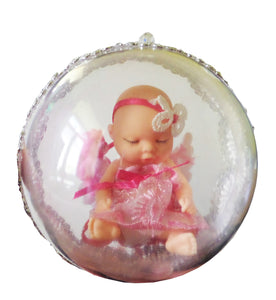 Ornament de Brad Pom Glob de Craciun cu Figurina 10 cm Copilas Bebe Roz Fetita ce Doarme cu Sticluta