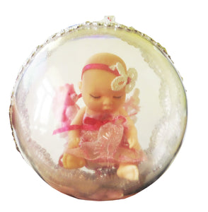 Glob de Craciun cu Figurina 10 cm Copilas Bebe Fetita cu Bentita Roz Dormind cu Sticluta 100 MM Cadou Copii Brad