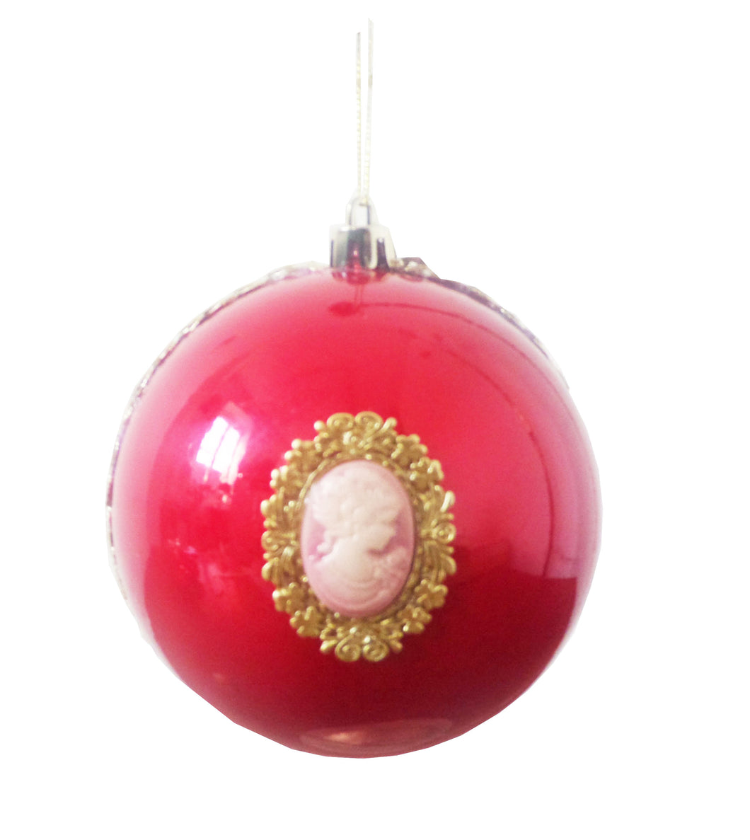 Glob de Craciun Brad Pom Lady Camee Rosu Perlat Lucios cu Auriu 10 cm Cadou Mos Craciun Iarna