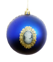 Încărcați imaginea în Galerie, Glob de Craciun Brad Pom Lady Camee Albastru cu Auriu 10 cm Cadou Sarbatori Iarna