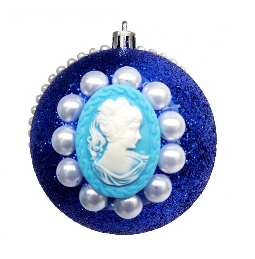 Glob de Craciun Brad Pom Lady Camee Glitter Albastru si Perle 10 cm cadou Mos Craciun