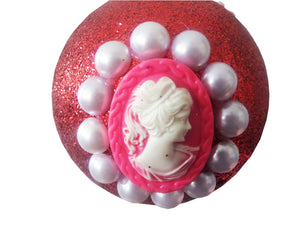 Glob de Craciun Brad Pom Lady Camee cu Perle Rosu Glitter 10 cm Cadou Sarbatori de Iarna