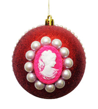 Încărcați imaginea în Galerie, Glob de Craciun Brad Pom Lady Camee cu Perle Rosu Glitter 10 cm Stralucitor