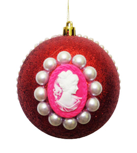 Glob de Craciun Brad Pom Lady Camee cu Perle Rosu Glitter 10 cm Stralucitor