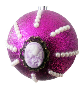 Glob de Craciun Brad Pom Lady Camee cu Perle Mov Fuchsia Glitter 10 cm Stralucitor