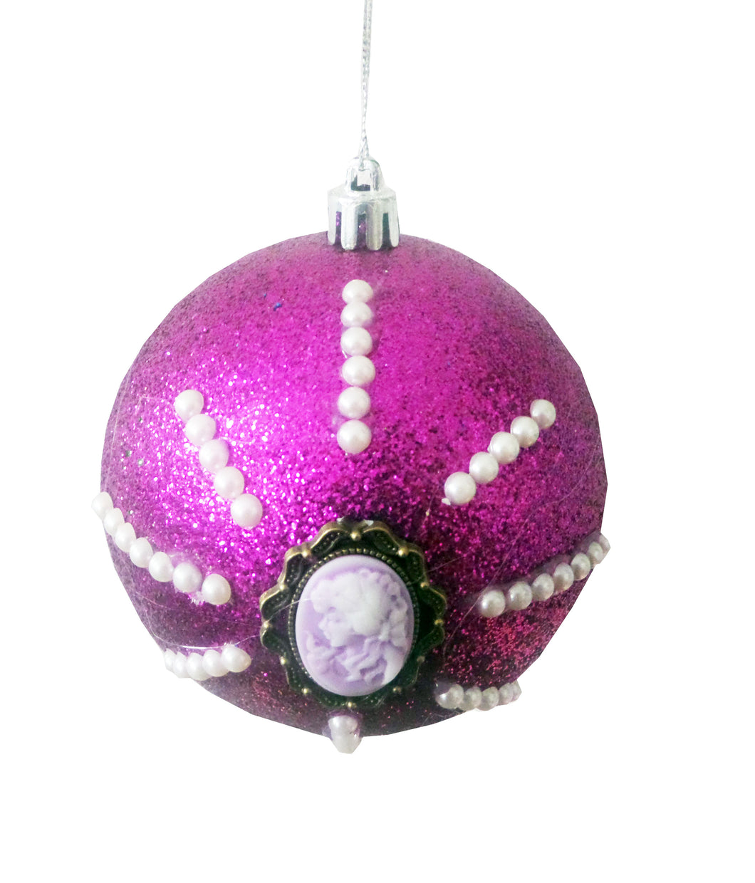 Glob de Craciun Brad Pom Lady Camee cu Perle Mov Fuchsia Glitter 10 cm Cadou pentru Sarbatorile de Iarna