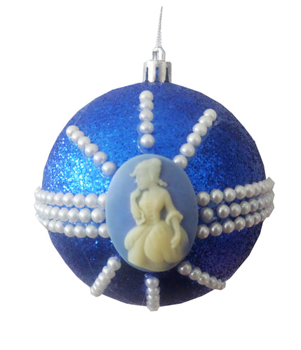 Glob de Craciun Brad Pom Lady Camee cu Perle Albastru Glitter