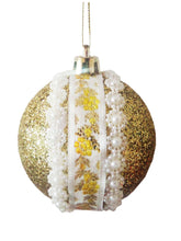 Încărcați imaginea în Galerie, Set Globuri de Craciun 3 buc Auriu-Galben cu Motive Taranesti Flori si Perle 8 cm Glitter 80 mm cadou Craciun satbatori Iarna