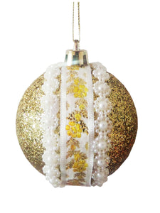 Set Globuri de Craciun 3 buc Auriu-Galben cu Motive Taranesti Flori si Perle 8 cm Glitter 80 mm cadou Craciun satbatori Iarna