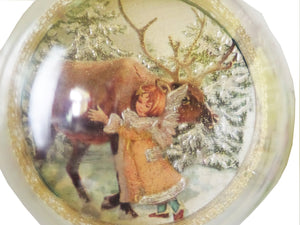 Cadou Glob Craciun de Brad pentru Sarbatorile de Iarna ''Fetita Aurie Inger si Renul Rudolf'' Vintage