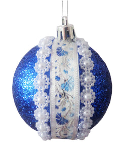 Set Globuri de Craciun 3 buc Albastre 8 cm cu Motive Taranesti Flori si Perle Glitter 80 mm Cadou sarbatori