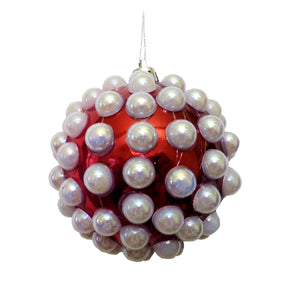 Ornament Glob de Craciun cu Perle Albe pentru Brad Pom Rosu de 8 cm