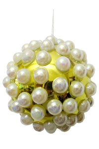 Ornament Glob de Craciun cu Perle Albe pentru Brad Pom Galben de 8 cm Cadou Auriu