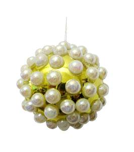 Ornament Glob de Craciun cu Perle Albe pentru Brad Pom Galben de 8 cm