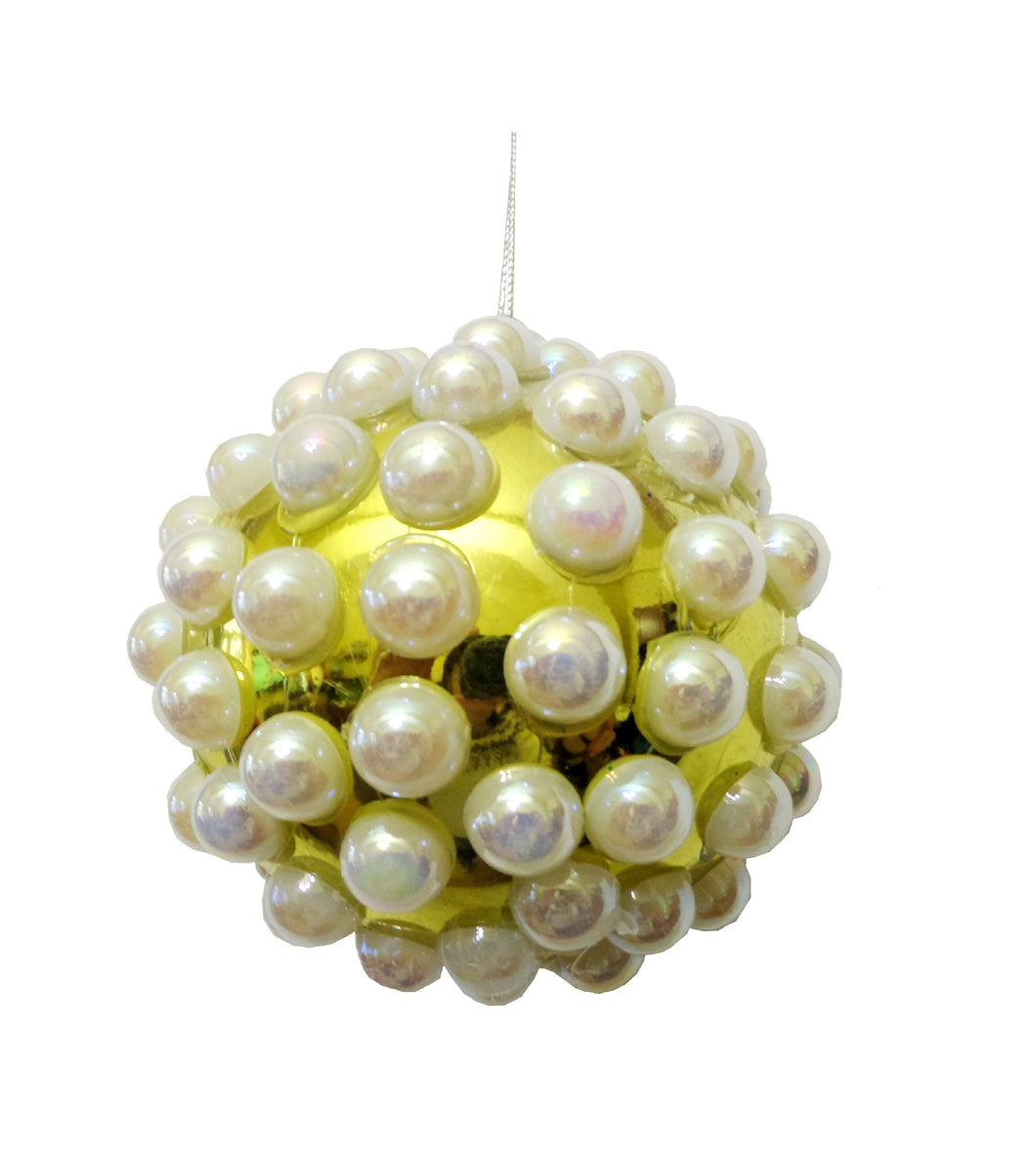 Ornament Glob de Craciun cu Perle Albe pentru Brad Pom Galben de 8 cm
