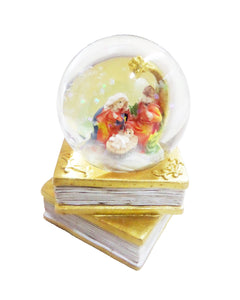 Mini-Glob Craciun din Sticla cu Lichid si Zapada Familia Sfanta Carte Aurie Gold Isus Iesle