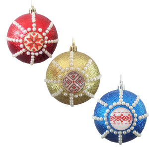 Set 3 Globuri de Craciun de Brad Pom cu Motive Traditionale Broderie 10 cm Rosu Auriu Albastru Tricolor cu Perle Decorative Rosii Aurii