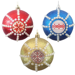 Set 3 Globuri de Craciun de Brad Pom cu Motive Traditionale Broderie 10 cm Rosu Auriu Albastru Tricolor cu Perle Decorative