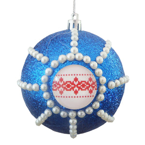 Set 3 Globuri de Craciun de Brad Pom cu Motive Traditionale Broderie 10 cm Rosu Auriu Albastru Tricolor cu Perle Decorative Albastre