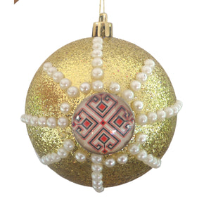 Set 3 Globuri de Craciun de Brad Pom cu Motive Traditionale Broderie 10 cm Rosu Auriu Albastru Tricolor cu Perle Decorative Aurii Gold 100 mm