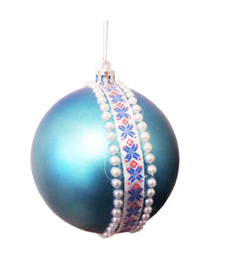 Set 3 Globuri de Craciun de Brad Pom cu Motive Traditionale Taranesti Romanesti 10 cm Albastru Albastre Rosu Verde cu Perle Decorative
