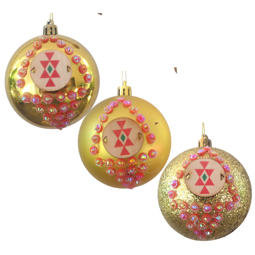 Set 3 Globuri de Craciun Motive Traditionale Embleme Populare Taranesti Galben Gold 8 cm