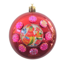 Încărcați imaginea în Galerie, Set Globuri de Craciun Portocalii de Brad Pom 3 buc cu Motive Traditionale Taranesti Etnice Cocosi Multicolori 8 cm Rosiii Rosu